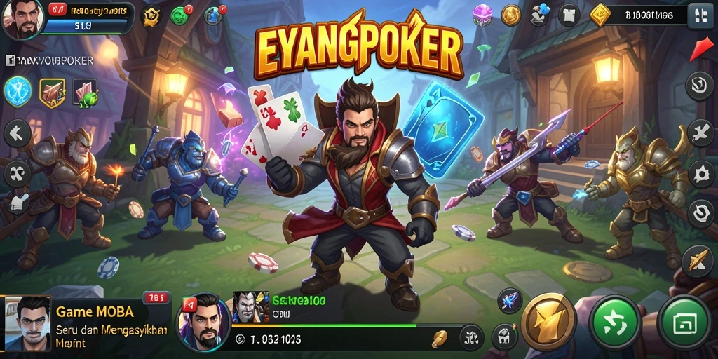 Screenshot gameplay <strong>EYANGPOKER</strong> menampilkan aksi pertempuran intens di arena.