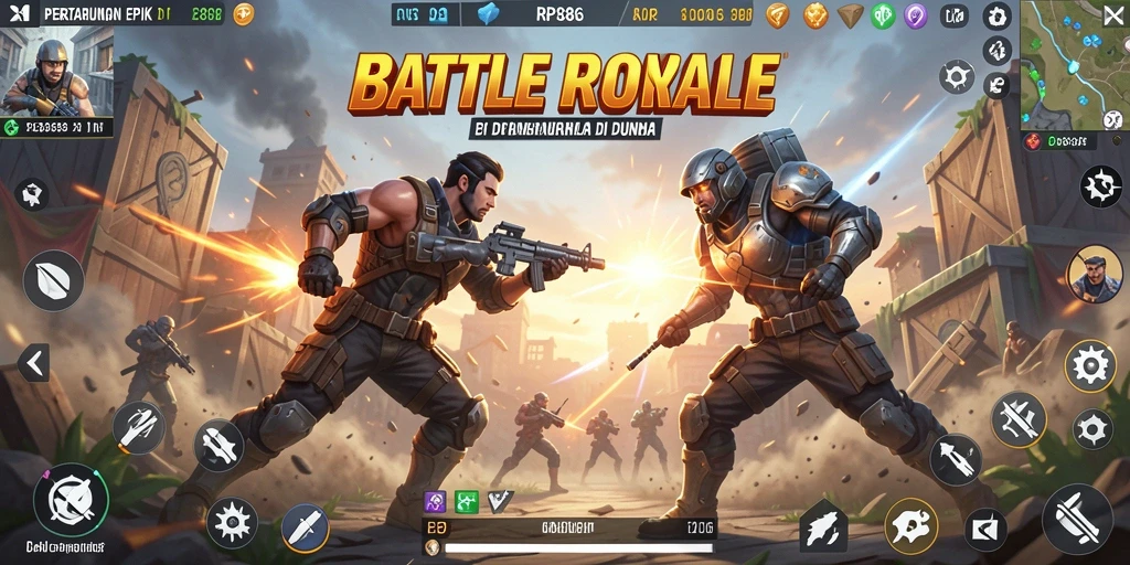 Screenshot gameplay RP886 menampilkan aksi seru dalam pertarungan Battle Royale.