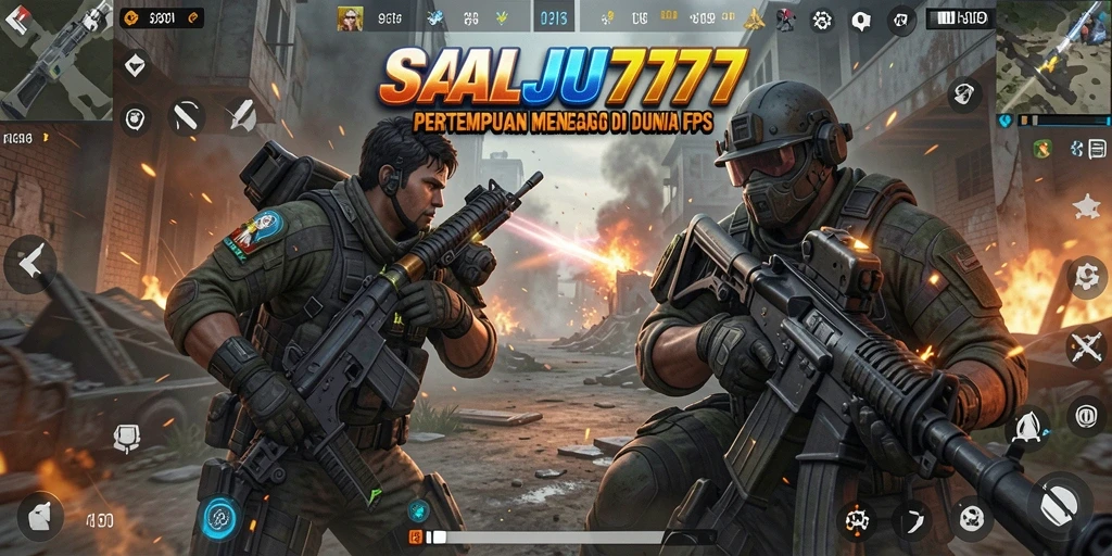 Screenshot utama SALJU777 menunjukkan aksi pertempuran FPS yang mendebarkan.